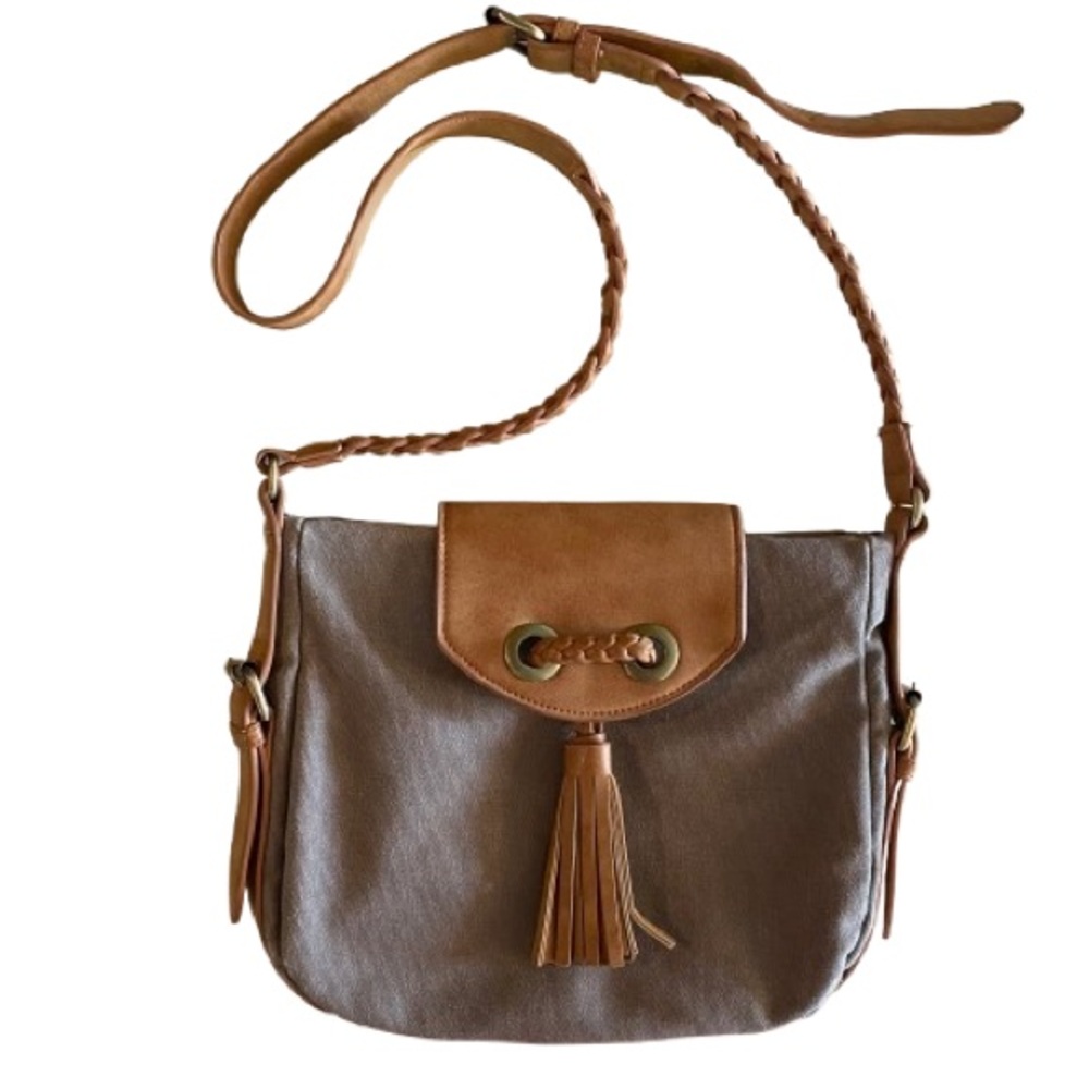 Sole Society Women’s Brown & Tan Canvas Crossbody w/ Tassel Braided Strap 12x10
